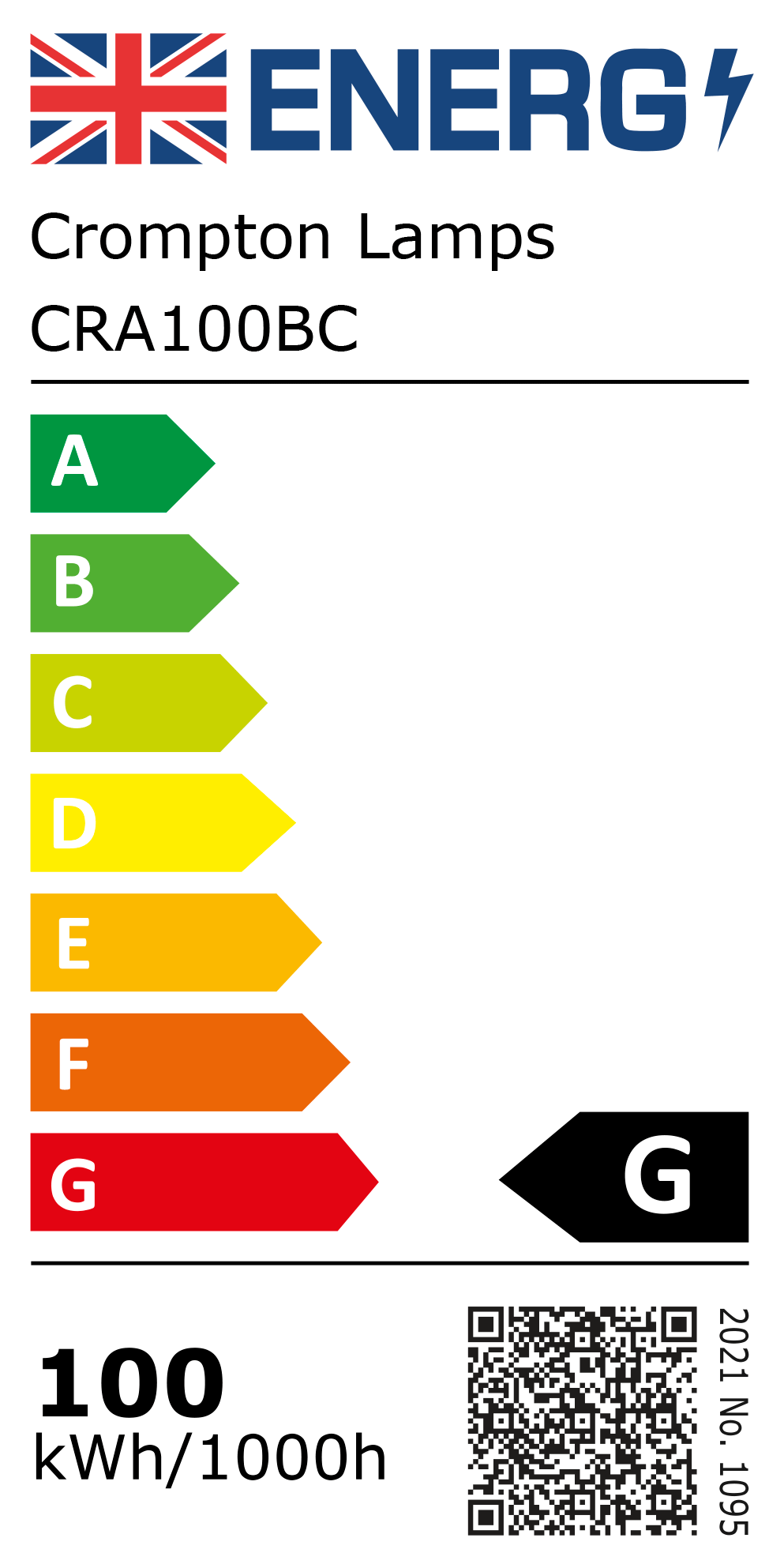 New 2021 Energy Rating Label: Stock Code CRA100BC